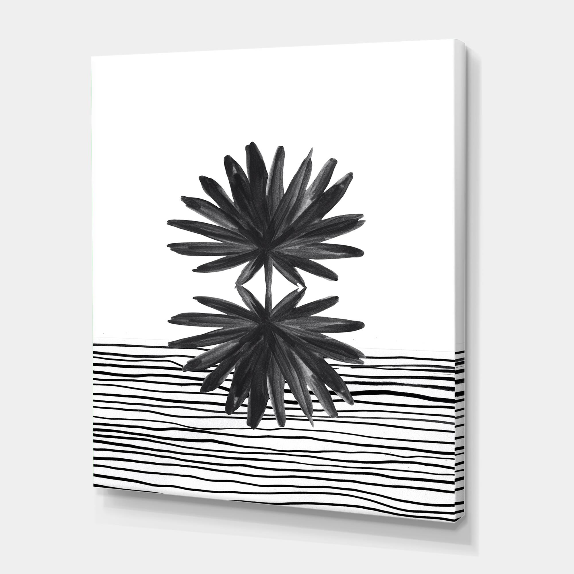 Designart - Black and White Tropical Leaf On Striped II